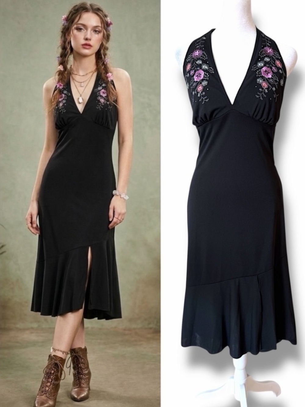Vtg Bisou Bisou Y2K Deadstock Embroidered Halter Midi Dress Whimsigoth Fairy 2